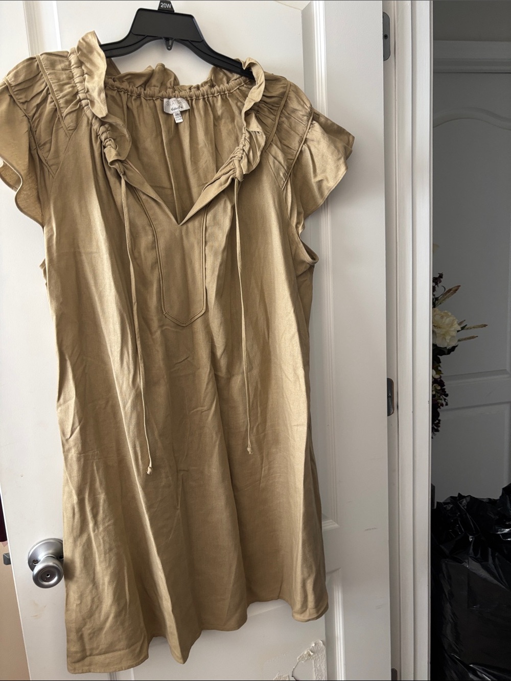 Signature by Robbie Bee Tan Ruffle-Neck Short Sleeve Mini Dress